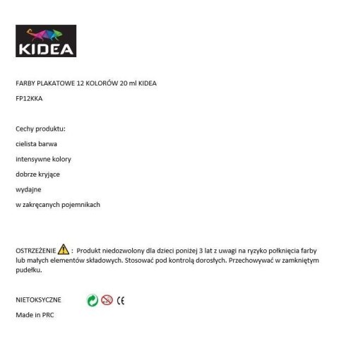 Farby plakatowe Kidea KIDART kolor: mix 20ml 12 kolor. (FP12KKA) Farby plakatowe Kidea KIDART kolor: mix 20ml 12 kolor. (FP12KKA)