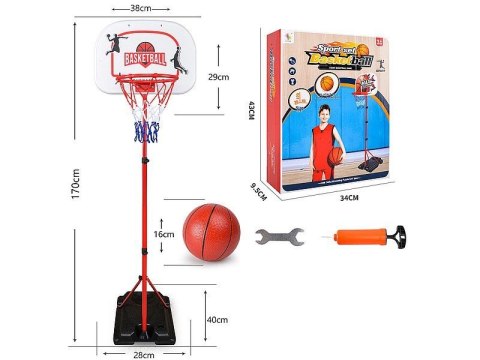 Kosz (obręcz) zestaw do gry w koszykówkę, regulacja podstawy kosza do 170cm, tablica 38x29cm, piłka i pompka Adar (561830)