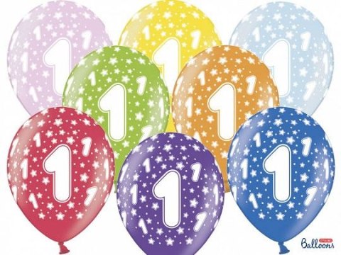 Balon gumowy Partydeco gumowy 1 urodziny, mix kolorów 30 cm/6 sztuk mix 300mm (SB14M-001-000-6)