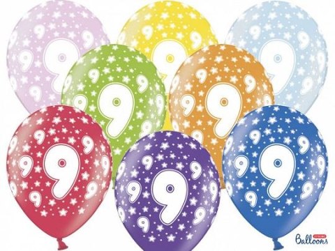 Balon gumowy Partydeco gumowy 9 urodziny, mix kolorów 30 cm/6 sztuk mix 300mm (SB14M-009-000-6)