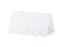 Wizytówka na stół wykonane z papieru w kolorze białym, ze złotym metalizowanym wzorem gałązek (1 op. / 10 szt.) Partydeco (WS9-0