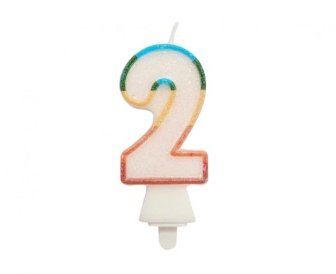 Świeczka urodzinowa cyferka 2, tęczowa, NOWY BIO BROKAT, 8,5 cm Godan (SW-CBB2)
