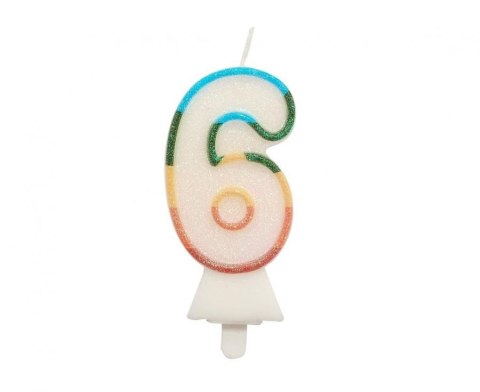 Świeczka urodzinowa cyferka 6, tęczowa, NOWY BIO BROKAT, 8,5 cm Godan (SW-CBB6)
