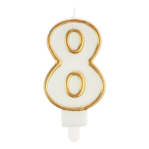Świeczka urodzinowa cyferka nr 8 biała złota obwódka Arpex (DS0200ZLO-8-9906)