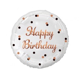 Balon foliowy Happy Birthday, biały, nadruk różowo-złoty 18cal Godan (FG-OHBB)