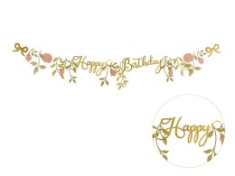 Baner Happy Birthday Kwiaty, różowo-złoty, 1.3m Partydeco (GRL127)