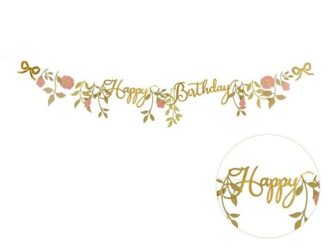 Baner Happy Birthday Kwiaty, różowo-złoty, 1.3m Partydeco (GRL127)