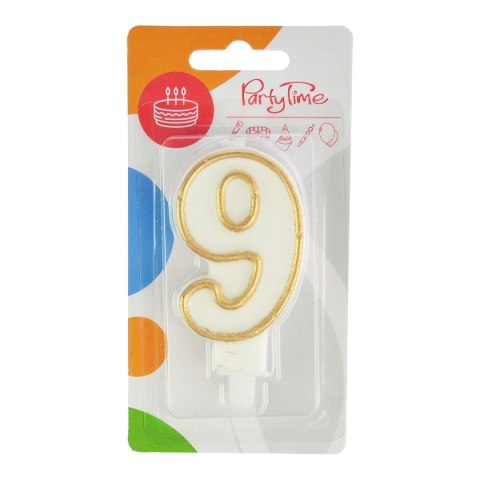 Świeczka urodzinowa cyferka nr 9 biała złota obwódka Arpex (DS0224ZLO-9-9906)