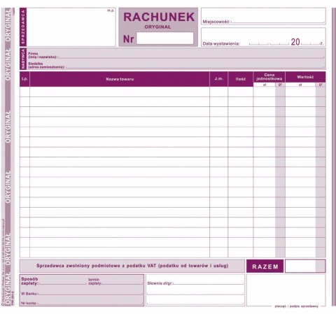 Druk samokopiujący rachunek dla zwolnionych podmiotowo z VAT 2/3 A4 80k. Michalczyk i Prokop (231-2)