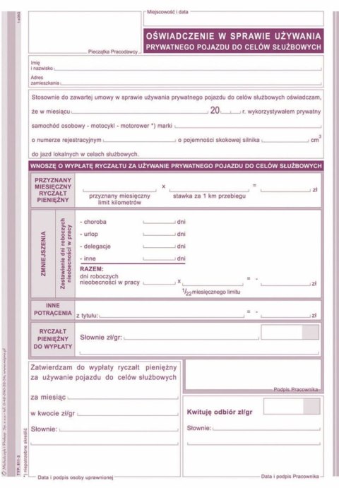Druk offsetowy oświadczenie w sprawie używania prywatnego pojazdu do celów służbowych A5 40k. Michalczyk i Prokop (811-3)