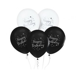 Balon gumowy Happy Birthday 5szt. biało-czarny 12cal Godan (GZ-HBC5)