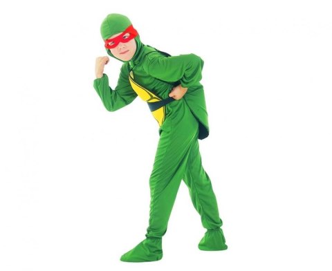 Kostium dla dzieci Wojowniczy Żółw (kombinezon, peleryna, pasek, kaptur, opaska na oczy), rozm.120/130 cm Godan (SL-WW12)