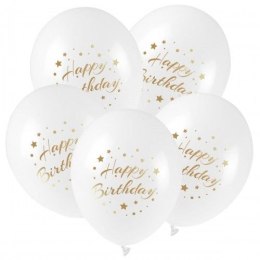 Balon gumowy ze złotym nadrukiem Happy Birthday (5 szt.) biały 300mm 12cal Arpex (KB2877)
