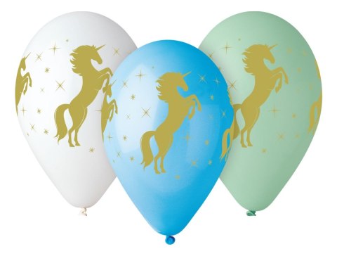 Balon gumowy PREMIUM złoty jednorożec metalizowany 5 szt mix 330mm 13cal (GS120/ZJ)