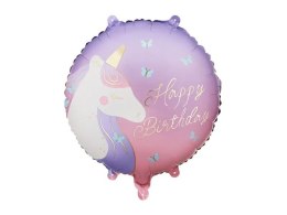 Balon foliowy pastylka Happy Birthday z jednorożcem 18cal Partydeco (FB354)