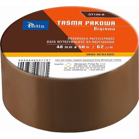 Taśma pakowa 48x50 [mm x m] brązowy Tetis (GT100-B)