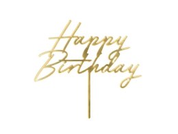 Dekoracja na tort Topper akrylowy Happy Birthday, 18x16.5 cm, złoty Partydeco (KPT83-019)