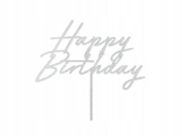 Dekoracja na tort Topper akrylowy Happy Birthday, 18x16.5 cm, srebrny brokatowy Partydeco (KPT83-018)